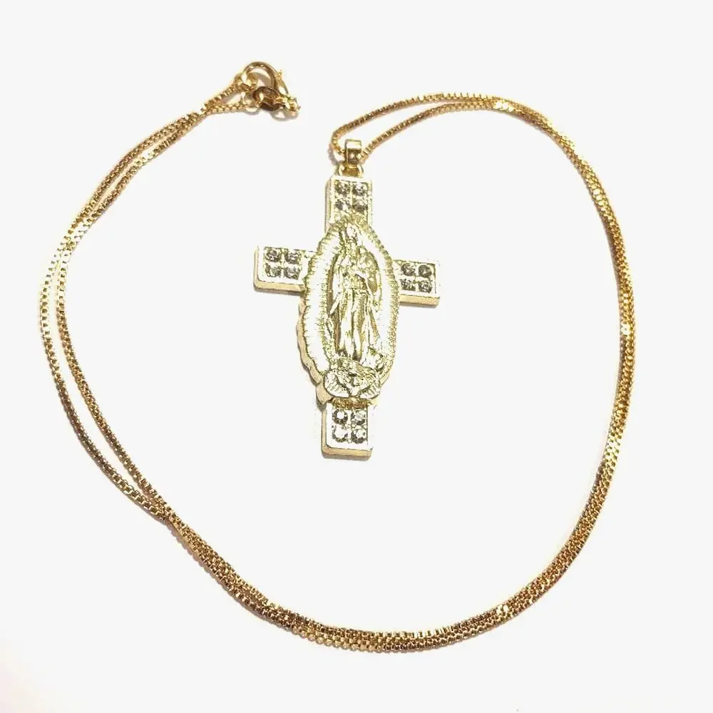 Necklace Gold Plated Silver Virgin Mother Mary Cross Gemstones Christian